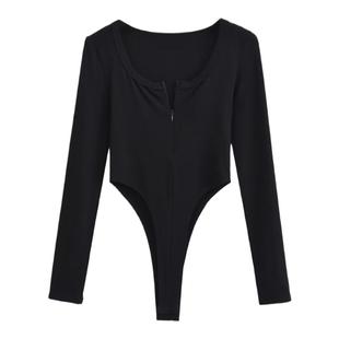 早秋美式性感辣妹修身高开叉紧身露腰连裆三角打底长袖连体上衣女