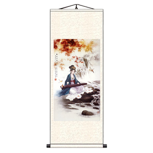 仕女图人物工笔画挂画唐朝古代美女乐器古风居家客厅装饰丝绸卷轴