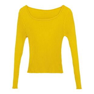 长袖薄款针织衫2026春季新款女装小个子短款方领上衣修身打底毛衣