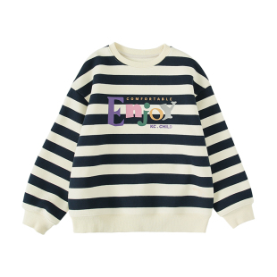 棵初儿童经典黑白条纹加绒卫衣25秋冬季新品女童随性字母套头衫