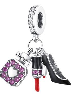 新款热卖铜镀银幻彩高跟鞋口红三件套吊饰珠子吊坠手链