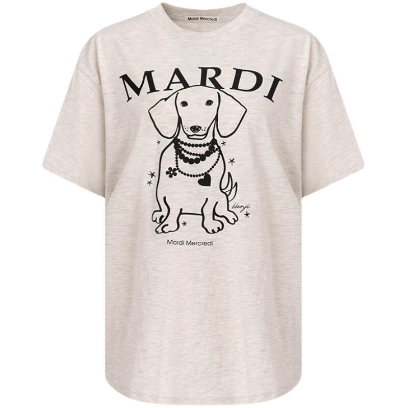 MardiMercredi正脸珍珠小狗短袖t恤宽松上衣女韩系线条腊肠狗夏季