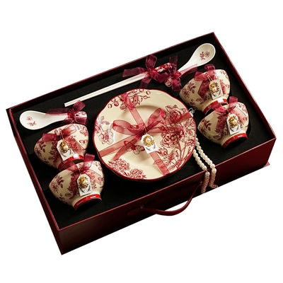 高档碗碟餐具陶瓷新婚礼物送新娘红色碗盘筷套装乔迁新居结婚礼盒