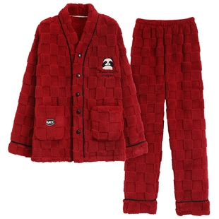 秋冬季睡衣情侣红色加厚加绒女男士法兰绒套装珊瑚绒新婚款家居服