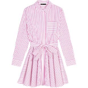 Maje秋冬女装法式简约优雅红色条纹长袖短款系带收腰衬衫领连衣裙