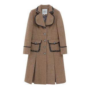 LULUALWAYS拼接宽松收腰口袋单排扣百褶羊毛大衣法式修身长款外套