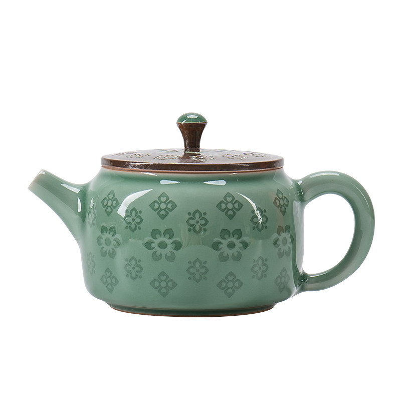 龙泉青瓷茶壶梅子青宝相花德钟壶手工泡茶器中式高档礼盒送礼单壶