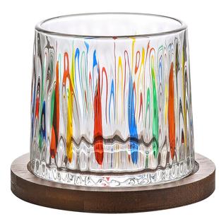 彩色手绘玻璃杯威士忌洋酒杯带杯垫复古创意旋转解压杯礼盒装送礼