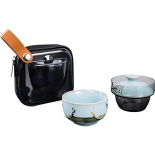 容山堂瑞鹤图汝窑汝瓷旅行茶具随行快客杯一壶一杯功夫泡茶壶套装