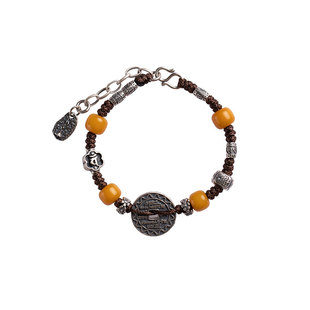 【设计师款】保真纯银山鬼花钱手链天然蜜蜡编织手串百搭叠戴款女