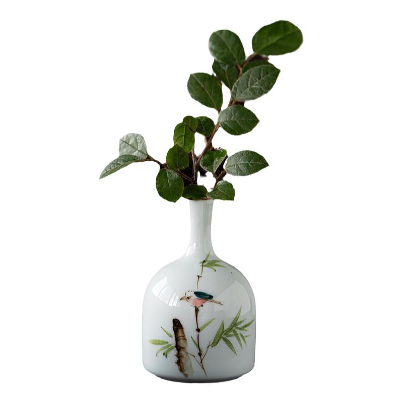 景德镇手绘竹叶翠鸟创意高级感花瓶插花花器摆件干花客厅中式简约