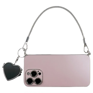 原创小众少女粉爱心镜子金属手提链条适用iphone17promax手机壳全包防摔高级感简约个性挂绳新款苹果15保护套