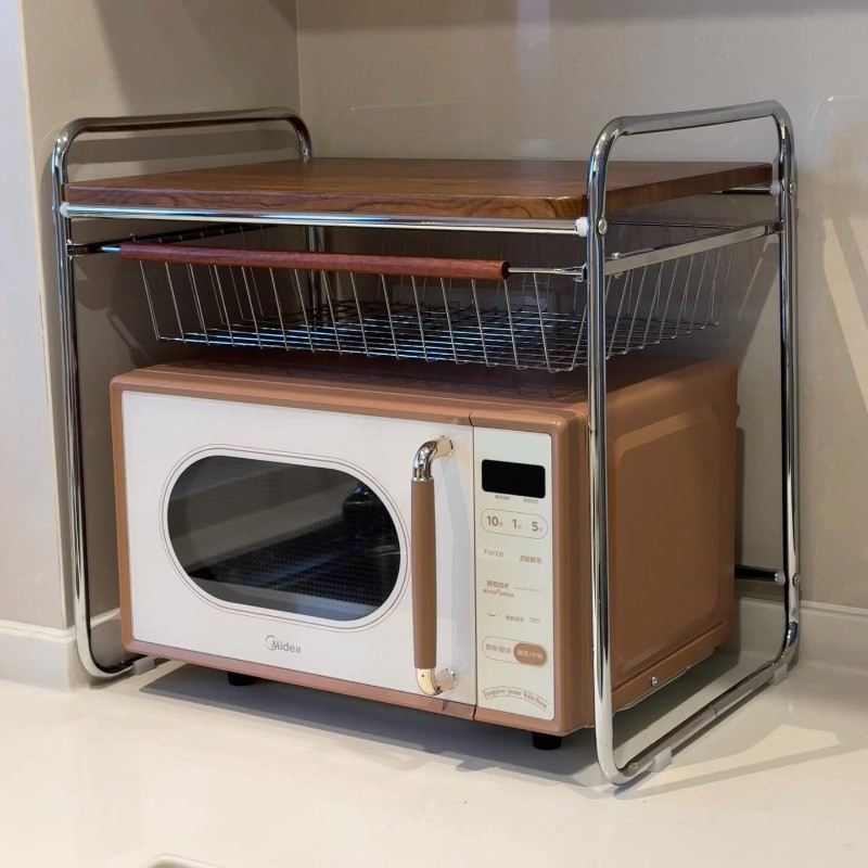 中古风厨房置物架家用台面电饭煲微波炉架子双层收纳锅架烤箱支架