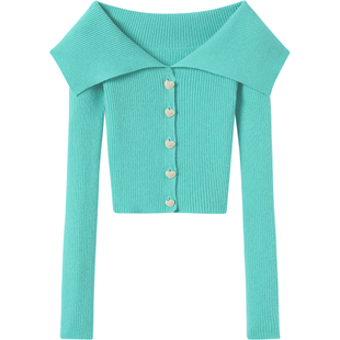 冬凤凰湖蓝色大翻领珍珠扣弹力山羊绒针织小开衫女2024冬