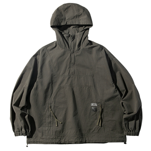 日系复古水洗工装连帽外套男春秋款潮流宽松冲锋衣半拉链套头夹克