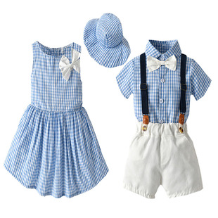 女宝宝北欧风轻薄格子连衣裙帽男童棉纱凉快绅士套装龙凤胎度假装