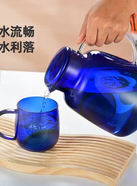 蓝色玻璃大容量凉水壶家用高喝水套水杯冷硼水壶硅套装玻璃杯家庭