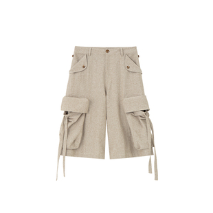 BALIANG捌梁〔朴作〕亚麻宽松多口袋飘带休闲阔腿工装七分中裤女