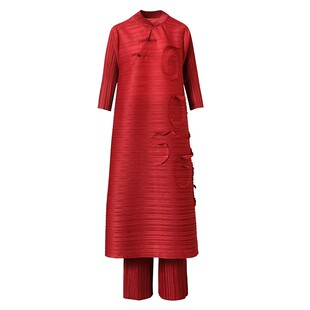 红色套装裙女新款妈妈衣服春季洋气婚宴礼服三宅褶皱两件套连衣裙