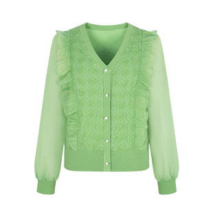 郁香菲V领针织衫女气质通勤秋季时尚网纱盘花拼接长袖套头上衣