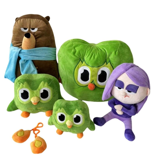 Duolingo多邻国绿色猫头鹰头套围巾熊毛绒玩具拖鞋火焰挂件礼物