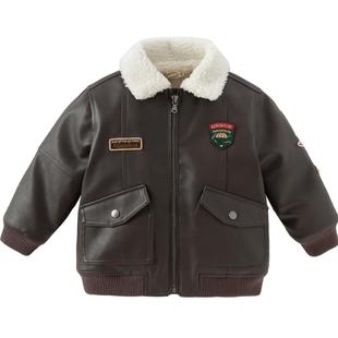 戴维贝拉儿童加绒外套男童冬装加厚夹克皮衣新款宝宝巴恩风上衣