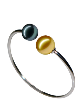 挚彩 双珠设计黑珍珠金珍珠混搭手链925银开口正圆强光珍珠手镯女