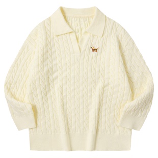 PSO Brand女装可爱小狗麻花纹V领女士毛衣外套休闲灰色针织衫春季