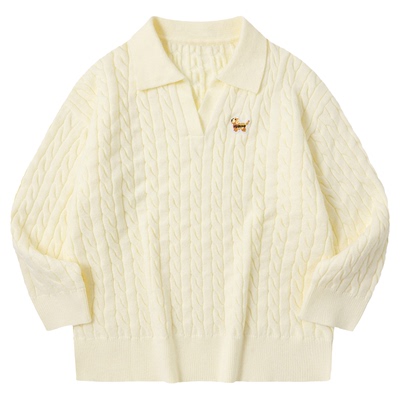 PSO Brand女装可爱小狗麻花纹V领女士毛衣外套休闲灰色针织衫春季