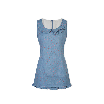 撞色碎花娃娃领牛仔连衣裙