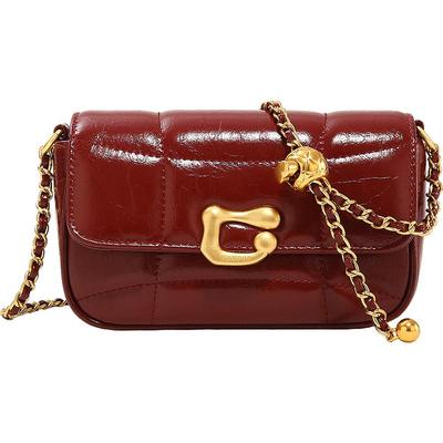 妙迪红色真皮斜挎链条包