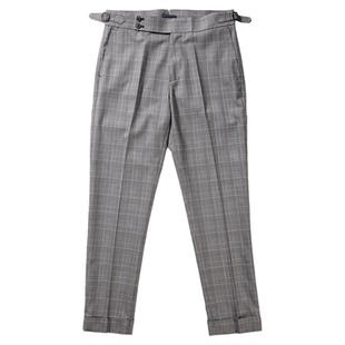 艾比路春夏DU家威尔士亲王格纹精纺羊毛修身翻边薄款九分西裤