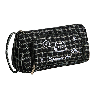 格纹小猫笔袋高颜值大容量简约