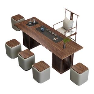 新中式老榆木实木茶桌乌金石茶盘一体功夫茶台办公室泡茶桌椅组合