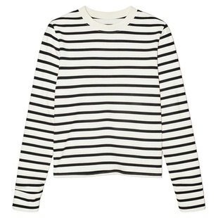 Basic House/百家好黑白条纹长袖T恤女2025冬季新款纯棉打底上衣
