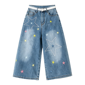 捷尼拉莫彩色星星刺绣七分牛仔裤