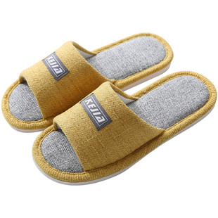 买一送一对情侣办公室内棉麻布拖鞋女亚麻家居家用夏季男防滑夫妻