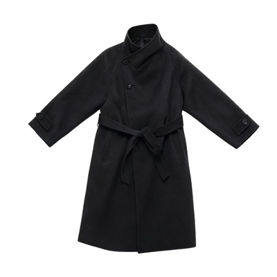 JCAESAR WOMEN 斜领系带长款双面呢大衣 羊毛混纺 宽松羊毛外套冬