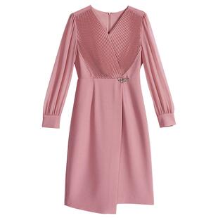 YINER音儿专选女装秋季质感收褶V领香芋粉收腰连衣裙