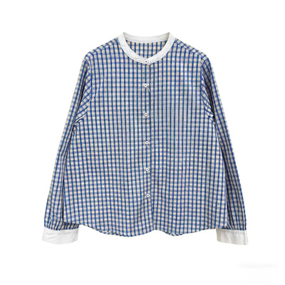 春款简约撞色格子衬衫女