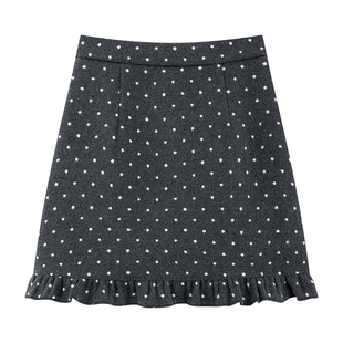 微胖mm黑色波点毛呢半身裙女秋冬大码减龄木耳边高腰A字包臀短裙