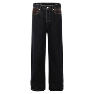 布老哥Blog复古深色格纹拼接牛仔裤宽松高级感休闲直筒长裤子K720