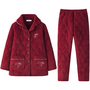 睡衣女士冬天三层加厚加绒夹棉秋冬季珊瑚绒保暖法兰绒大红色套装
