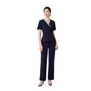 BBLLUUEE/粉蓝衣橱2026夏装新款经典时尚撞色通勤V领上衣长裤套装