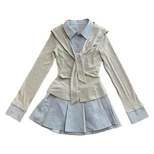 越韩小鱼 鲁本斯旧街 假两件设计感连衣裙韩系学院风百褶短裙女秋