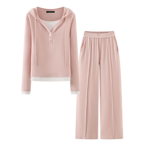 拉夏贝尔/La Chapelle粉色连帽卫衣阔腿裤两件套女春季新款套装