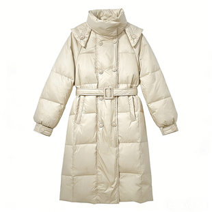 清库存！白鸭绒羽绒服女冬季韩版立领显瘦系带长款过膝保暖外套