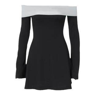 gusty法式名媛一字肩撞色A字连衣裙气质纯欲风甜美露肩收腰短裙子