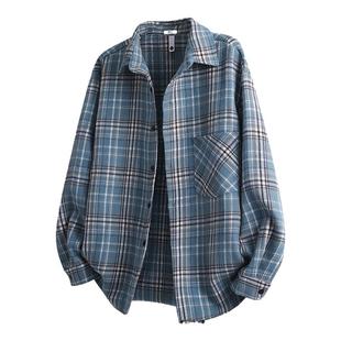回力蓝色格子衬衫男秋季港风复古正肩宽松男女同款翻领长袖外套Y