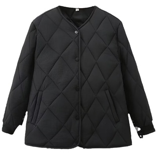 宛宛大码秋冬季韩版轻薄外套女胖mm菱格圆领休闲无领保暖棉衣棉服